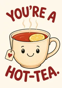 Smiling tea mug with lemon slice and the text You're a Hot-Tea in red lettering.