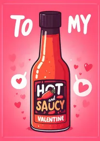 Pink card with a hot sauce bottle reading Hot and Saucy Valentine and hearts floating.