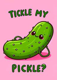 Cute cartoon pickle with playful text on pink background