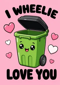 Smiling green wheelie bin with hearts and the pun I WHEELIE LOVE YOU for lovers.