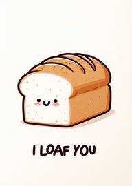 Cute loaf of bread with smiling face and pun I loaf you