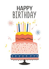 Birthday cake with candles, confetti, and Happy Birthday text in playful colorful illustration style design.