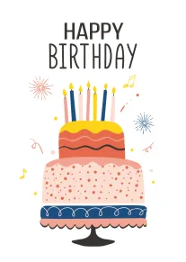 Birthday cake with candles, confetti, and Happy Birthday text in playful colorful illustration style design.