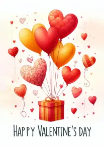 Heart-shaped balloons rise from a gift box with Happy Valentine's Day wording on white background.