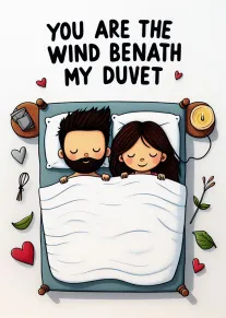 Cartoon couple sleeping in bed under duvet with heart accents and romantic pun text above.