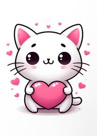 Cute white cat holding pink heart surrounded by floating hearts