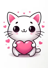 Cute white cat holding a pink heart surrounded by floating hearts on a white background.