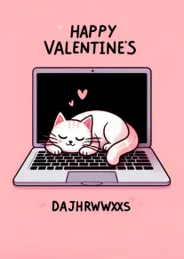Cute sleeping cat on a laptop with hearts and Happy Valentine's text on pink background.