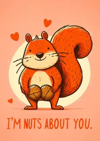 Cute orange squirrel with hearts and nuts saying I’m nuts about you on pink background.