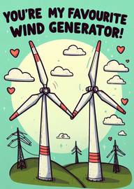Humorous Valentine's Card Featuring Holding Wind Turbines and Hearts