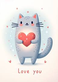 Cute gray cat holding glowing heart with love you text
