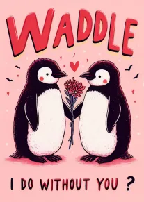 Two penguins share a flower under the word WADDLE on a pink romantic card.
