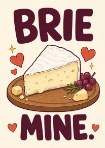 Cute illustrated cheese board card with a brie wedge, grapes, hearts and sparkles, reading BRIE MINE.