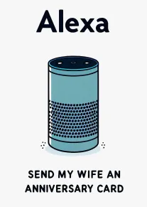 An Alexa smart speaker above the words Send my wife an anniversary card for husband.