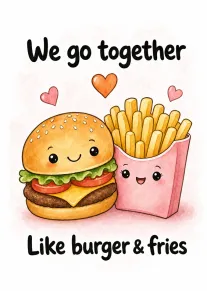 Burger and fries characters with hearts and text saying we go together on pink background.