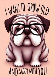 Cute pug with glasses and loving message about growing old together