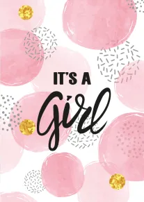 Pink watercolor circles and sprinkles surround the words It's a Girl on a white card.
