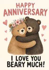 Two teddy bears hugging beneath happy anniversary text and a beary much love message.
