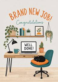 Brand New Job Congratulations with Desk, Plants, Cat and Laptop