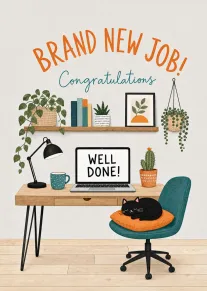 Home office scene with Brand New Job, Congratulations, Well Done, plants, laptop and sleeping black cat.