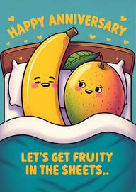 Happy Anniversary Card with Cute Banana and Mango in Bed