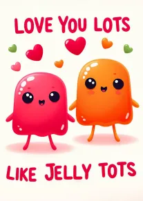 Two cute jelly tots with hearts and Love You Lots text on a cream background.