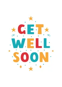 Bright colorful Get Well Soon card with stars, dots, and playful block lettering on white.
