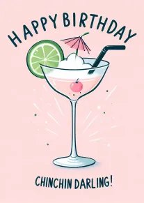 Pink birthday card with a cocktail, lime slice, umbrella, and chinchin darling message above it.