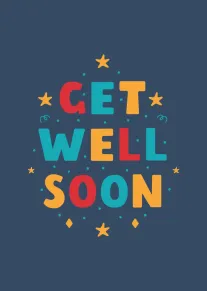 Colorful Get Well Soon Typography Card With Stars On Blue