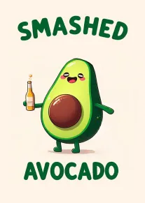 Cute cartoon avocado holding a bottle with smashed avocado text in playful green lettering design.