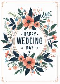 Elegant Floral Wedding Day Card with Pink Flowers and Green Leaves