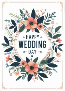 Elegant floral wreath surrounds Happy Wedding Day text in peach, navy, and green on white.