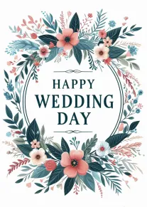 Floral Wreath Happy Wedding Day Card in Teal and Pink