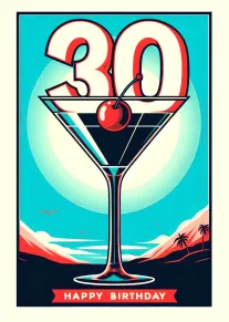 Retro tropical birthday card with a cocktail glass, cherry garnish, and large 30 text design.