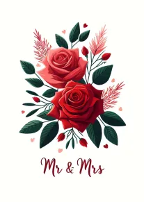 Red roses and green leaves surround Mr and Mrs wording on a romantic white card.