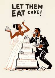 Funny Wedding Card Featuring Bride and Groom Eating Cake