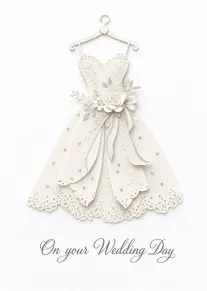 Elegant cream paper wedding dress on hanger with floral details and wedding day text below.