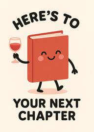 Cheerful book character holding wine glass celebrating new chapter