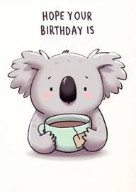 Cute Koala Holding Tea Cup Birthday Card with Warm Wishes