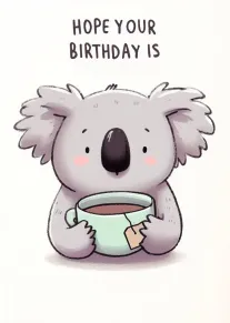 Cute koala holding a tea mug under hope your birthday is text on cream background.