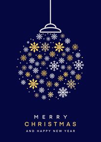Snowflake ornament card on navy background with Merry Christmas and Happy New Year text below.