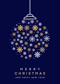 Snowflake ornament card on navy background with Merry Christmas and Happy New Year text below.