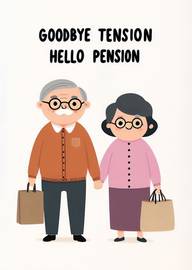 Cute retirement card with elderly couple holding hands and shopping bags