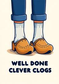 Illustration of feet in clogs with congratulatory message