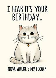 Cute cat birthday card with funny food demand message
