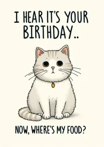 Cute fluffy cat with birthday wording asking where its food is in a playful style.