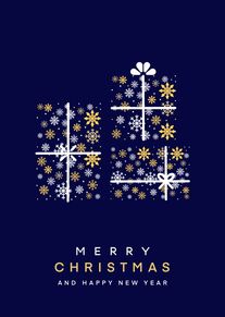 Navy Christmas card with snowflake gift boxes and Merry Christmas and Happy New Year text.
