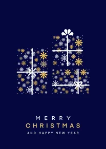 Navy Christmas card with snowflake gift boxes and Merry Christmas and Happy New Year text.