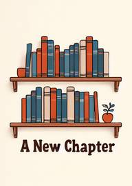 Bookshelf with colorful books and plant A New Chapter text