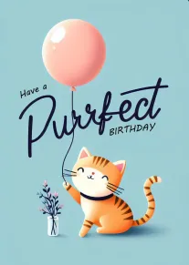 Orange cat holds a balloon beside flowers on a teal background with purrfect birthday text.